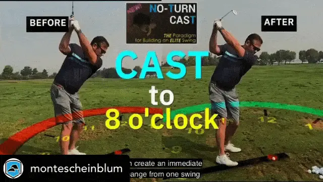 Before and after comparison of a golfer after using the No Turn Cast drill. Text: "CAST to 8 o'clock".